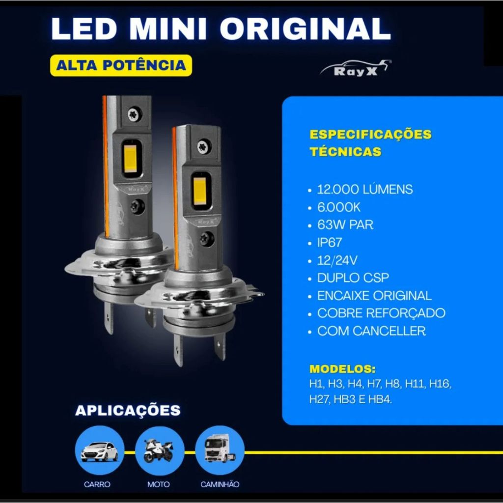 Led Mini Original 63w 6k 12000lm Encaixe H1, H3, H4, H7, H8, H11, H27, HB3, HB4 Rayx Branco