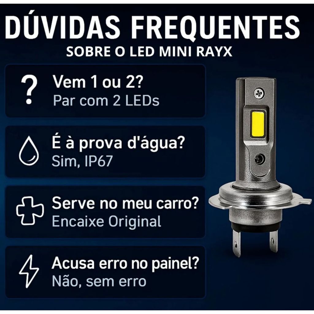 Led Mini Original 63w 6k 12000lm Encaixe H1, H3, H4, H7, H8, H11, H27, HB3, HB4 Rayx Branco