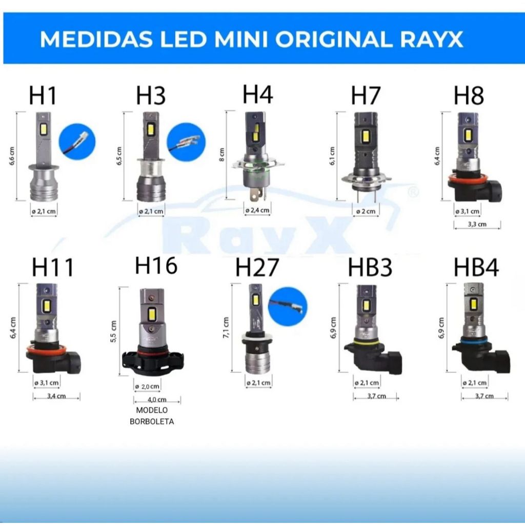 Led Mini Original 63w 6k 12000lm Encaixe H1, H3, H4, H7, H8, H11, H27, HB3, HB4 Rayx Branco