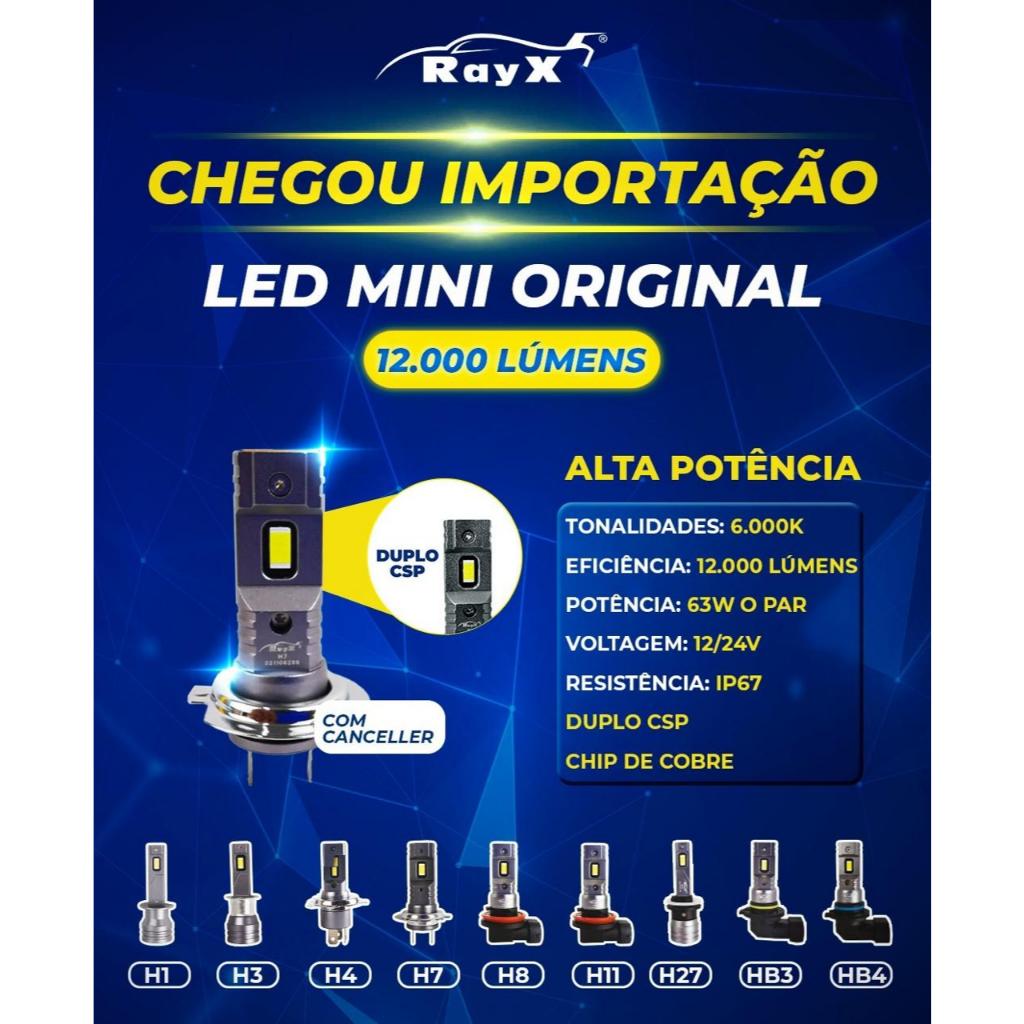Led Mini Original 63w 6k 12000lm Encaixe H1, H3, H4, H7, H8, H11, H27, HB3, HB4 Rayx Branco