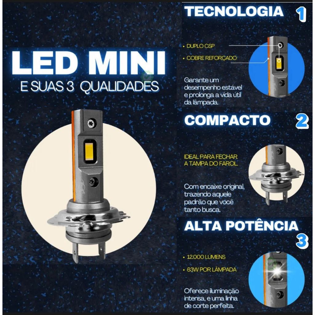 Led Mini Original 63w 6k 12000lm Encaixe H1, H3, H4, H7, H8, H11, H27, HB3, HB4 Rayx Branco