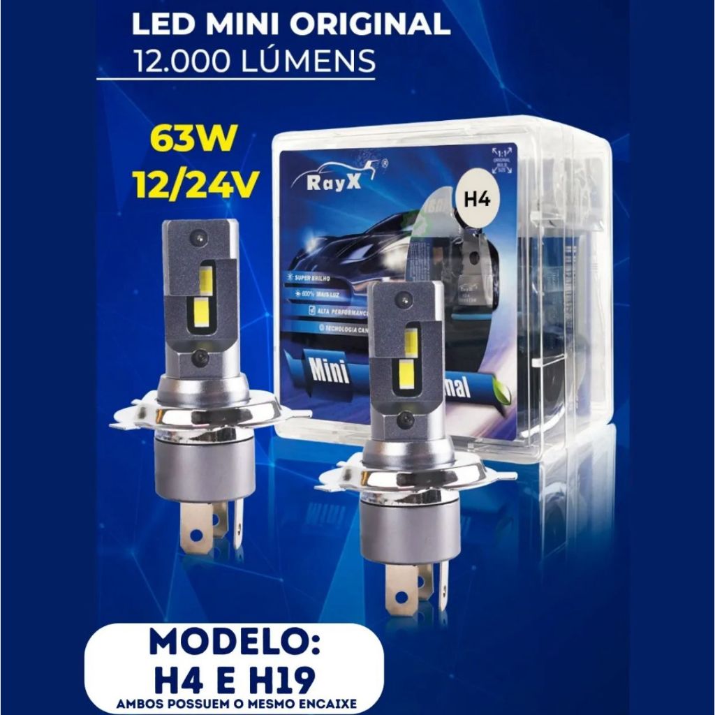 Led Mini Original 63w 6k 12000lm Encaixe H1, H3, H4, H7, H8, H11, H27, HB3, HB4 Rayx Branco
