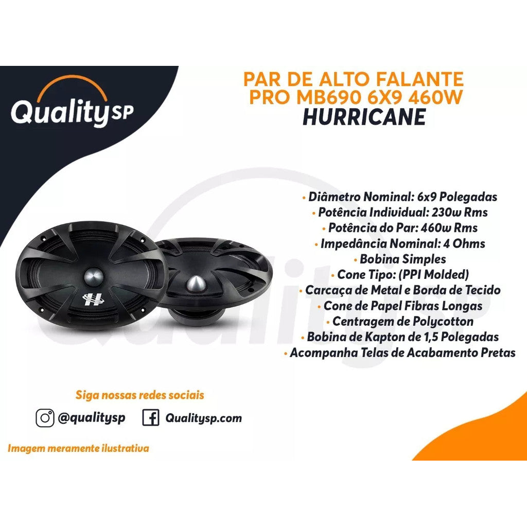 Par Alto Falante Medio Grave Hurricane Pro Mb690 6x9 460w Preto